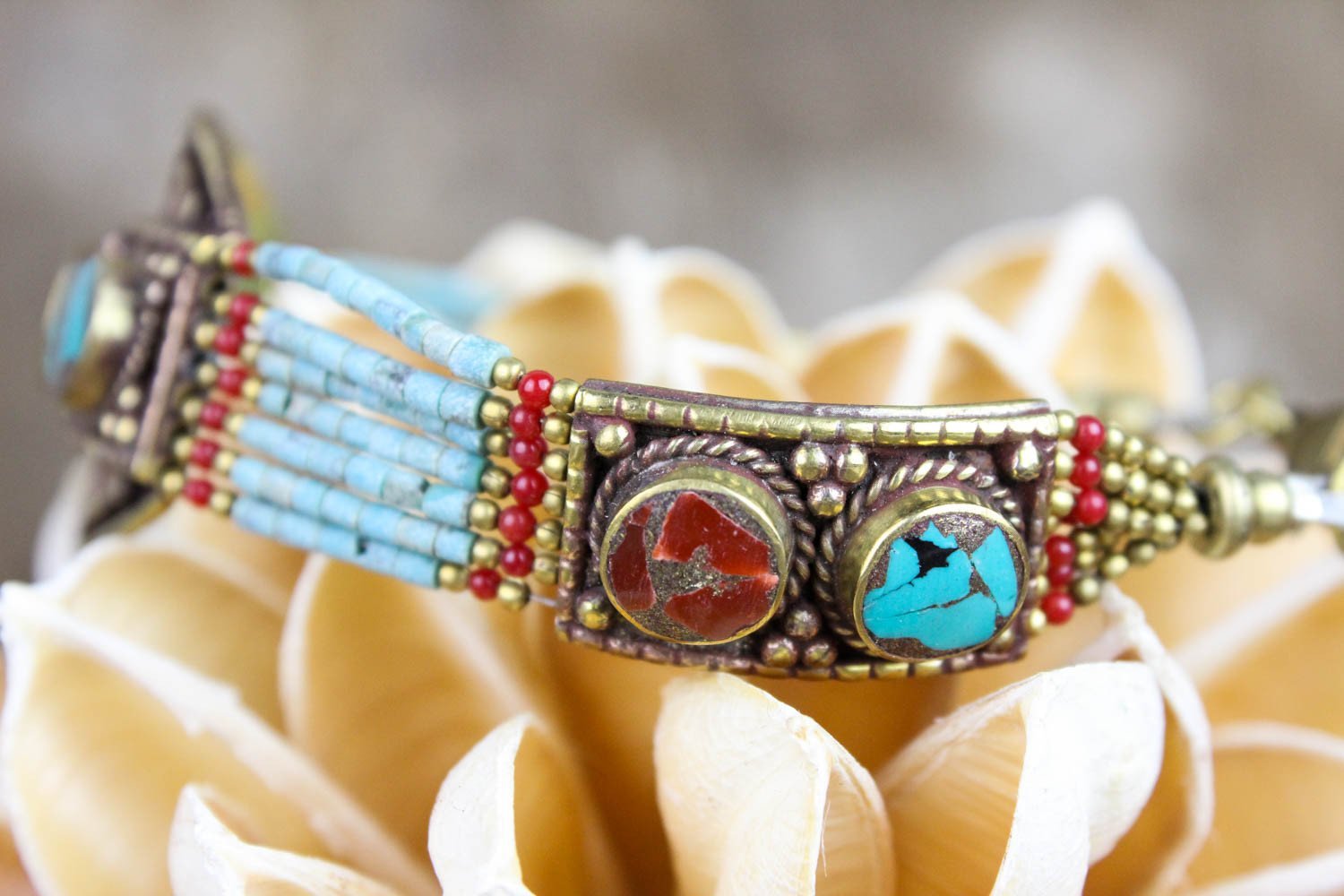 Exotic Tibetan Bracelet Chip Inlay Coral - Turquoise Silver Overlay - Ruby  Lane